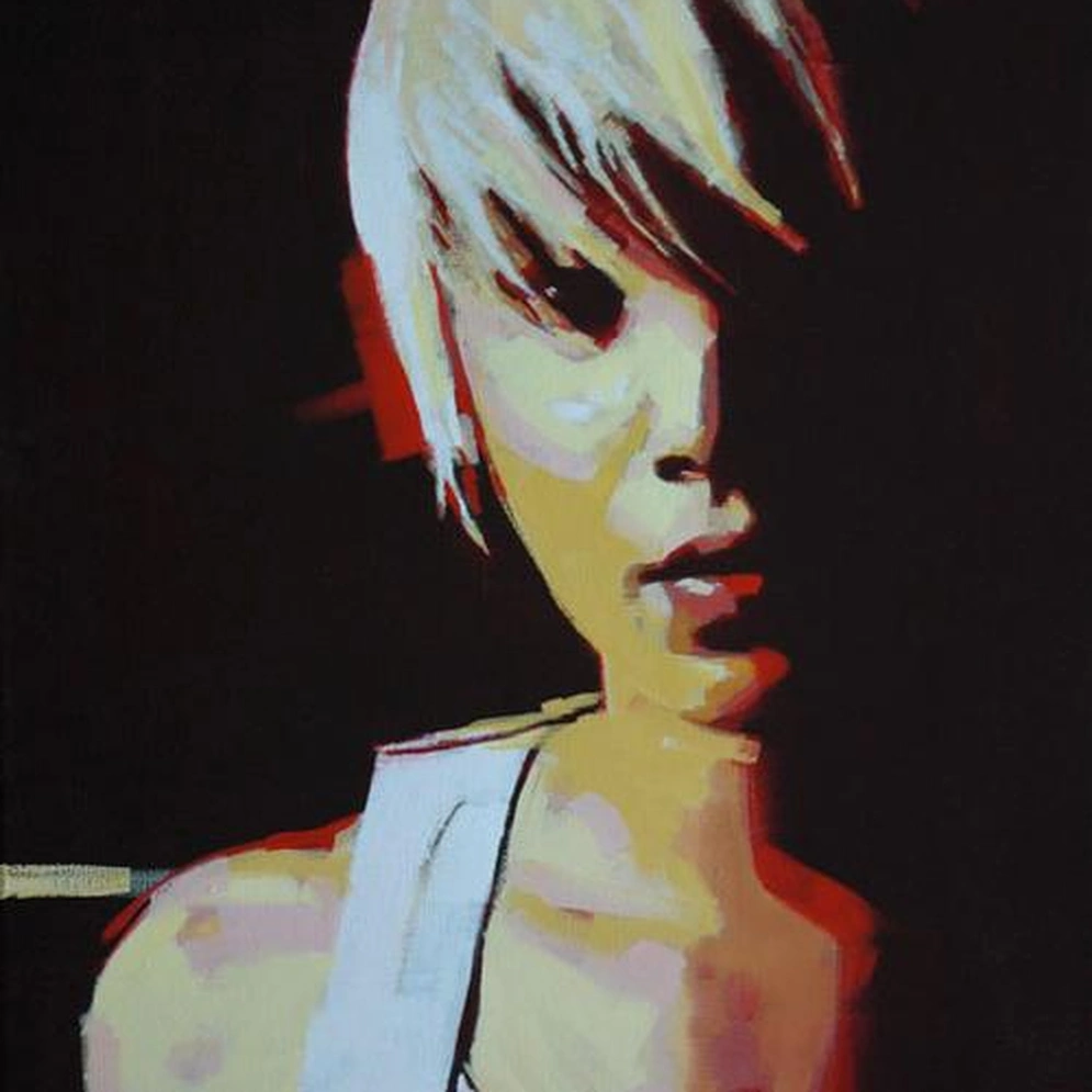 Portrait of a young woman with short blond hair against a dark background, painted in bold strokes of red, yellow and white.