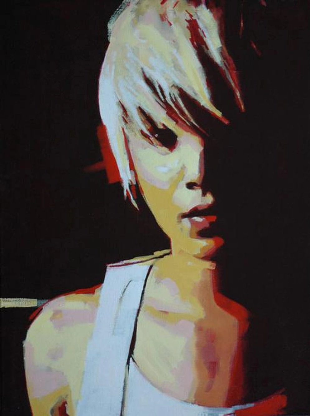 Portrait of a young woman with short blond hair against a dark background, painted in bold strokes of red, yellow and white.
