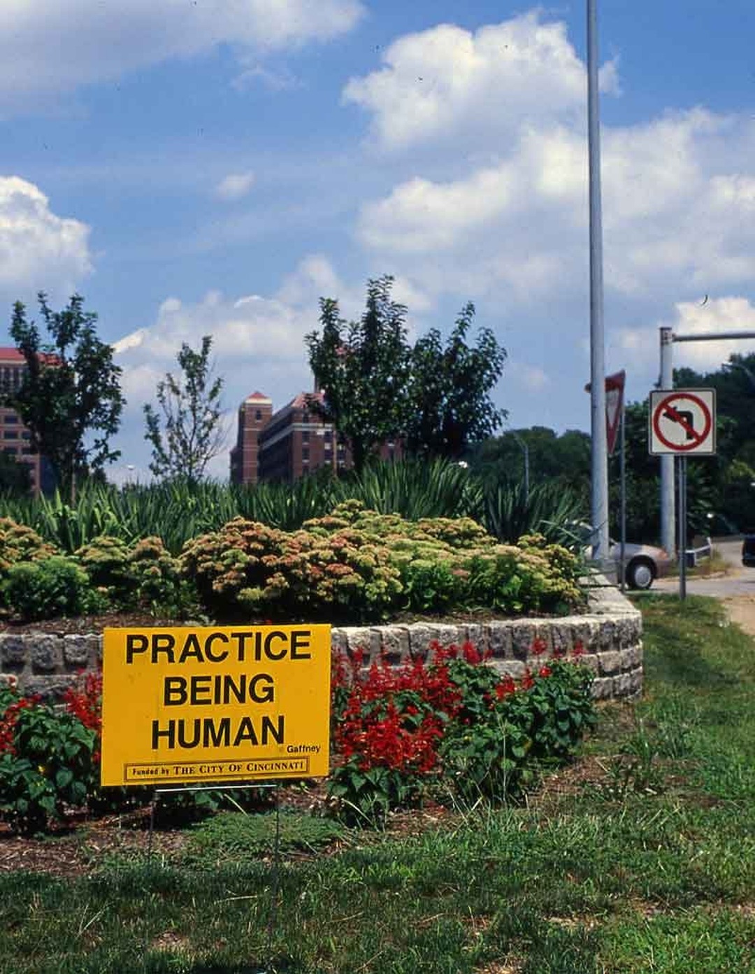 Yellow lawn sign reading 'PRACTICE BEING HUMAN' by Gary Gaffney, staked in a flower bed near a street