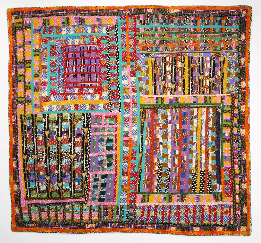 Terrie Hancock Mangat, Tiger Chopsticks and Green Tape, 2012, machine-pieced fabric, 60” x 57.5”. Photo courtesy of Carl Solway Gallery.