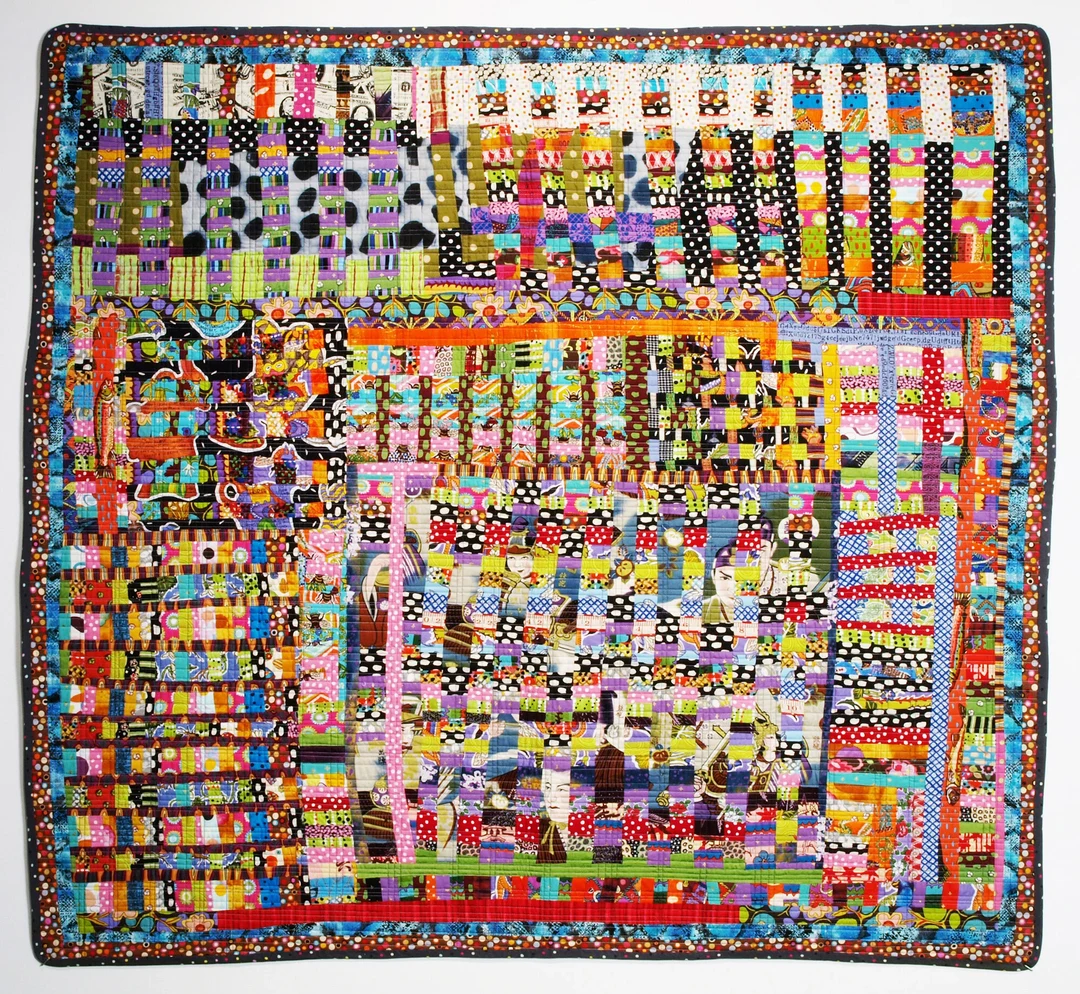 Terrie Hancock Mangat, Asian Influence Scrap Bag, 2012, machine-pieced fabric, 55” x 51”. Photo courtesy of Carl Solway Gallery.
