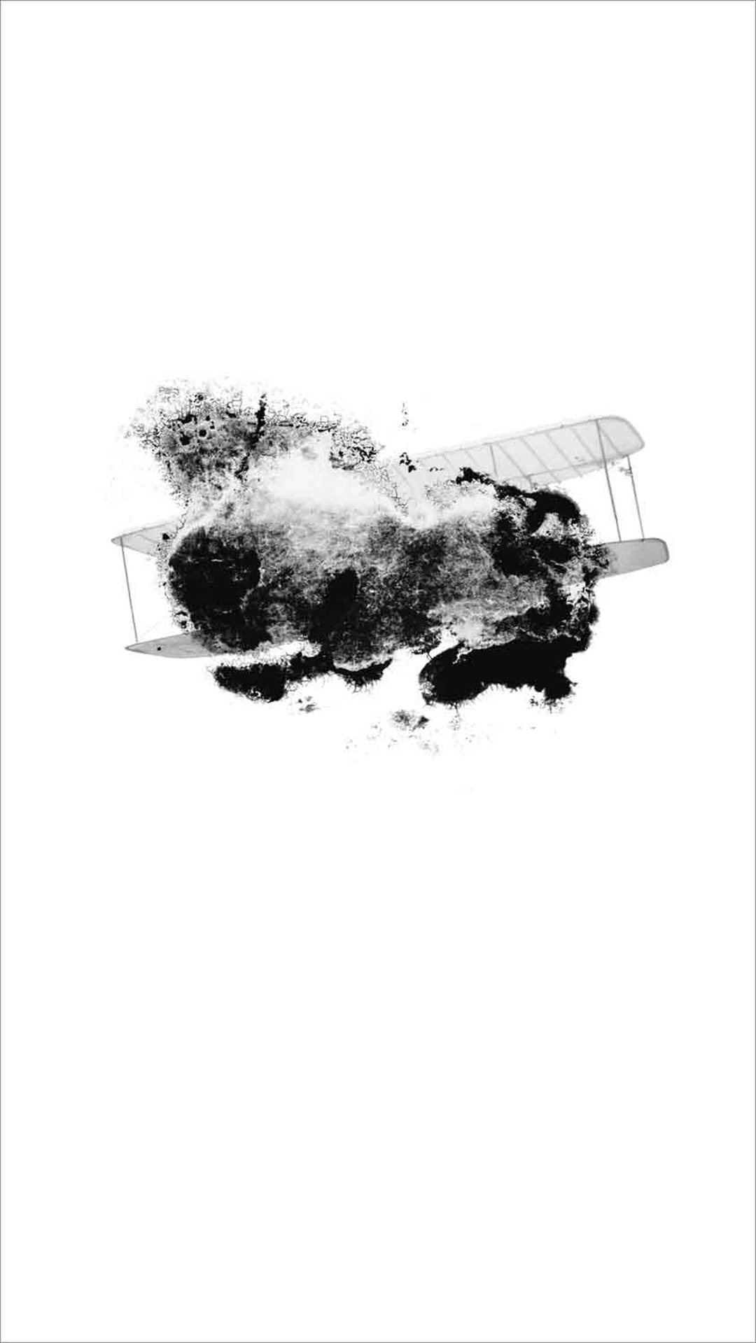 Biplane trailing black smoke patterns on a white ground, digital animation still by Kate Shannon