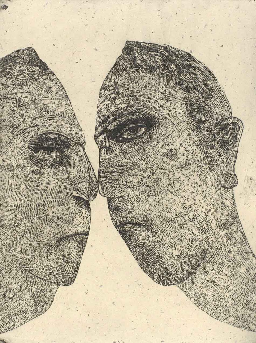 Two etched portrait heads in profile facing each other, densely worked with fine marks, by Dennis Olsen