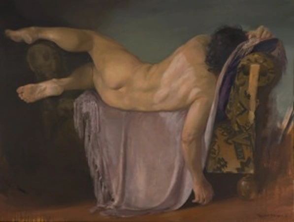 Reclining female nude in afternoon light, oil painting.