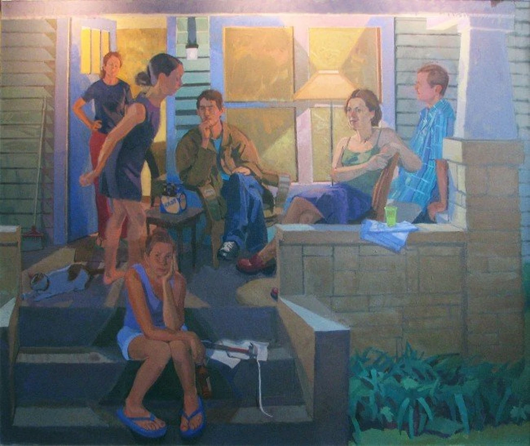 Six figures gathered on a porch at night: a young woman sits on the front steps in the foreground while five others stand and sit around a doorway glowing with warm yellow light; loose luminous brushwork with deep blue shadows.