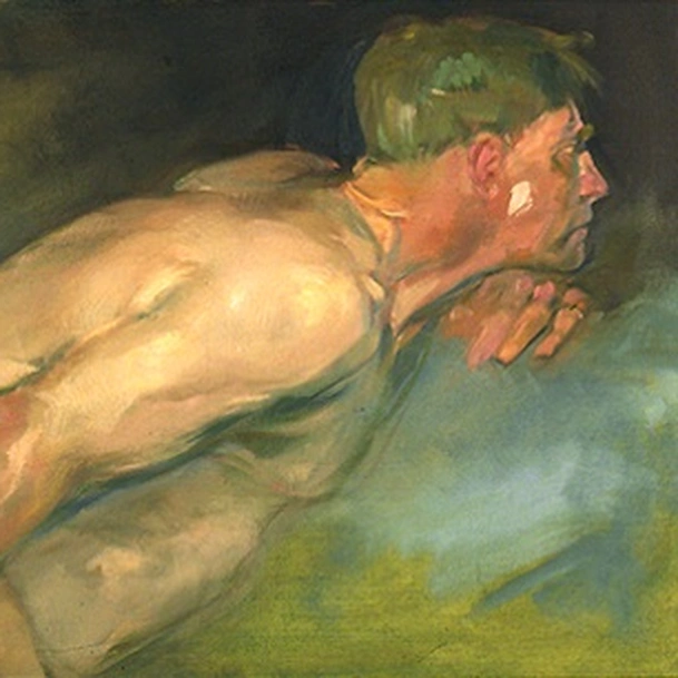 Oil painting of a reclining nude man seen from the side, his muscular back and extended arm in warm flesh tones against a dark green background.