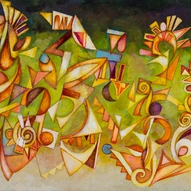 Abstract painting with curving amber, ochre and rust ribbon-like forms swirling over a mottled green background.