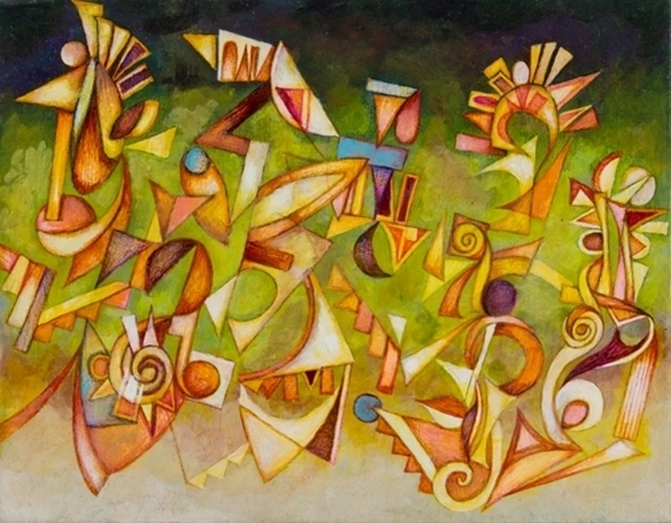Abstract painting with curving amber, ochre and rust ribbon-like forms swirling over a mottled green background.