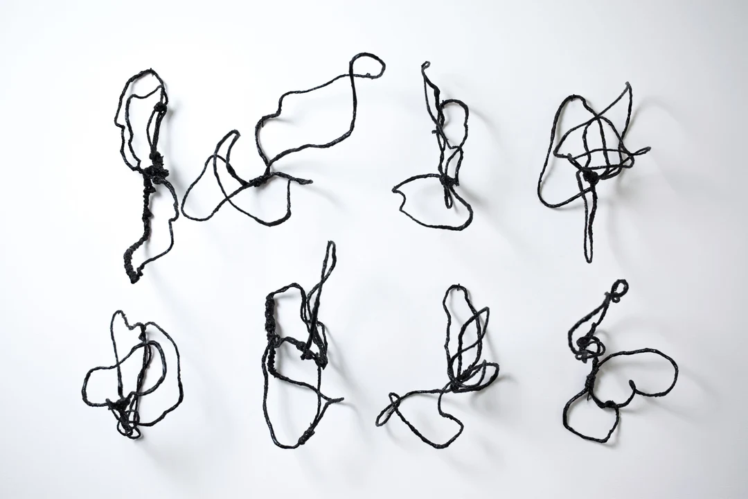 Eight black string sculptures by Robert Schatz mounted on a white gallery wall.