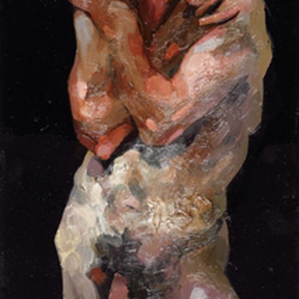 Semi-abstract painting of an intertwined nude figure in thick strokes of ochre, sienna, and white against a black background, by Alan McGowan.