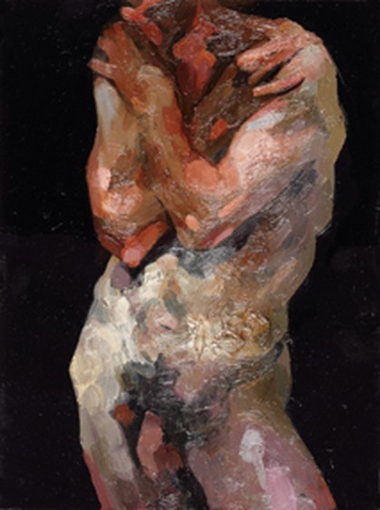 Semi-abstract painting of an intertwined nude figure in thick strokes of ochre, sienna, and white against a black background, by Alan McGowan.