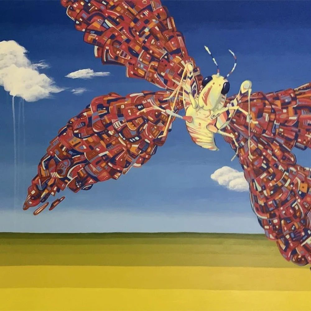 Painting of a grasshopper in flight with patterned red-brown wings against a blue sky with white clouds above a yellow field.