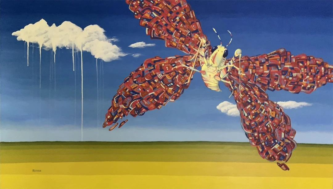 Painting of a grasshopper in flight with patterned red-brown wings against a blue sky with white clouds above a yellow field.