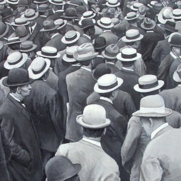 Black-and-white oil painting of a dense crowd of men in hats and dark suits, seen from behind, filling the frame.