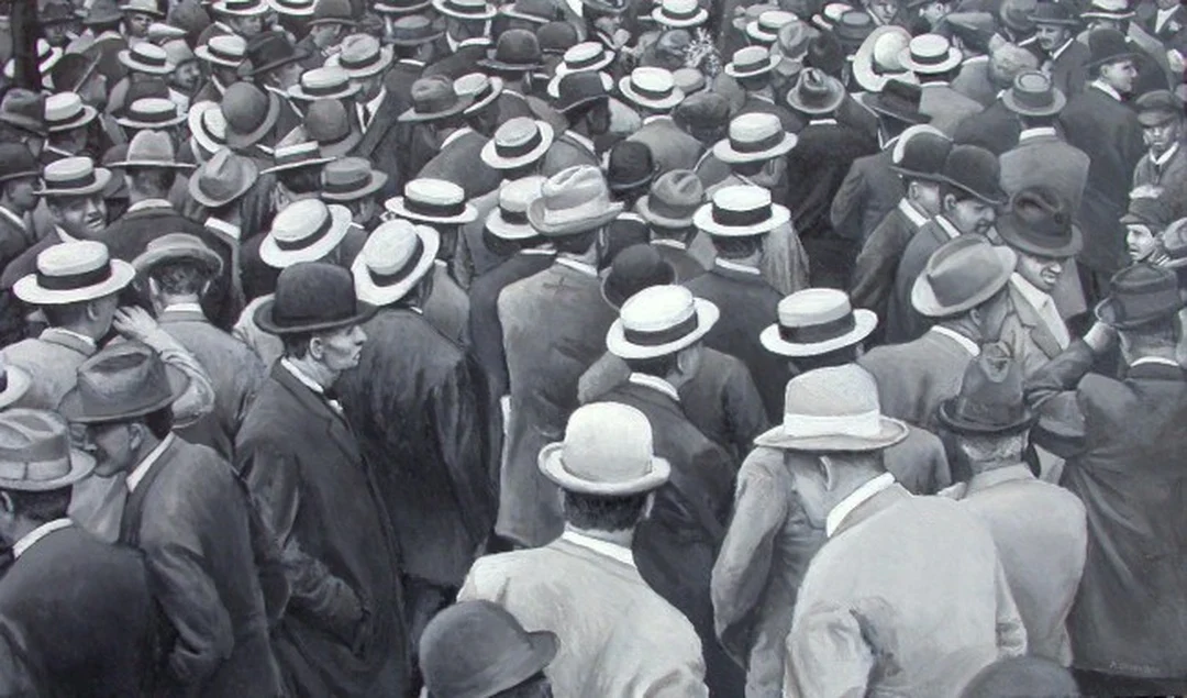 Black-and-white oil painting of a dense crowd of men in hats and dark suits, seen from behind, filling the frame.