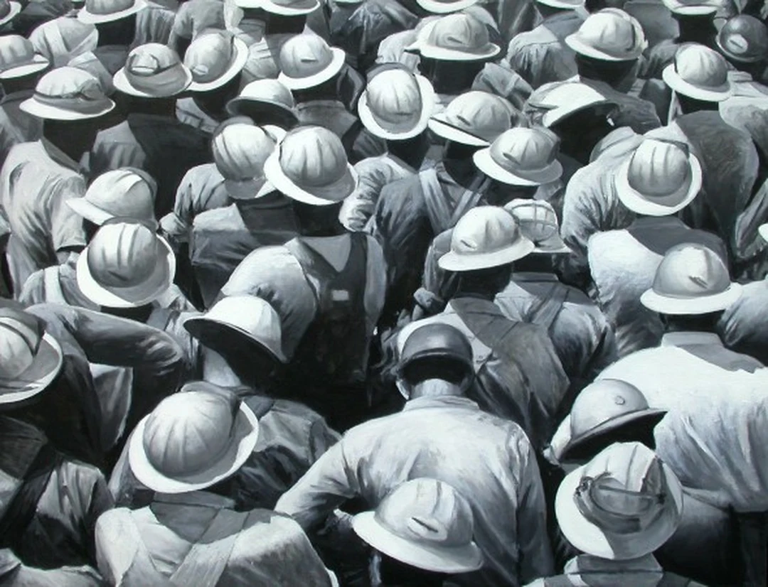 Black-and-white oil painting of a crowd of workers in hard hats, seen from behind.