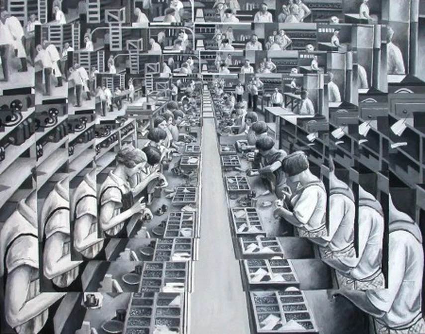 Black-and-white oil painting of a symmetrical factory interior with rows of workers at assembly lines radiating from the center.