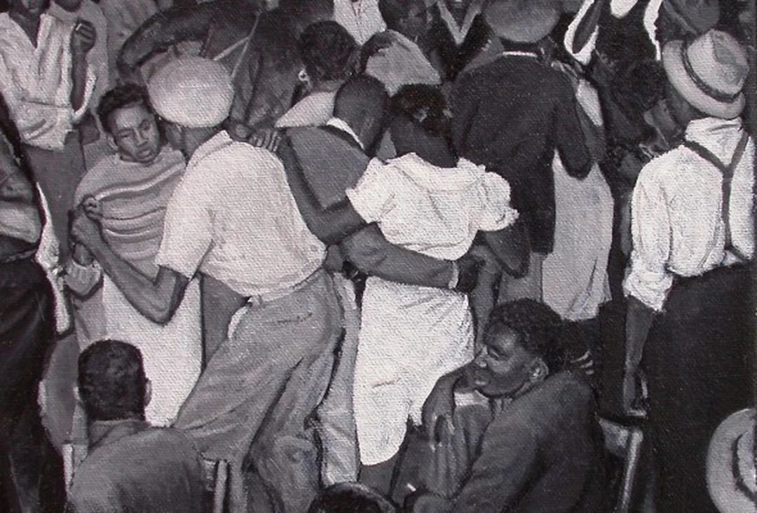 Black-and-white oil painting of couples dancing closely together in a crowded dance hall.