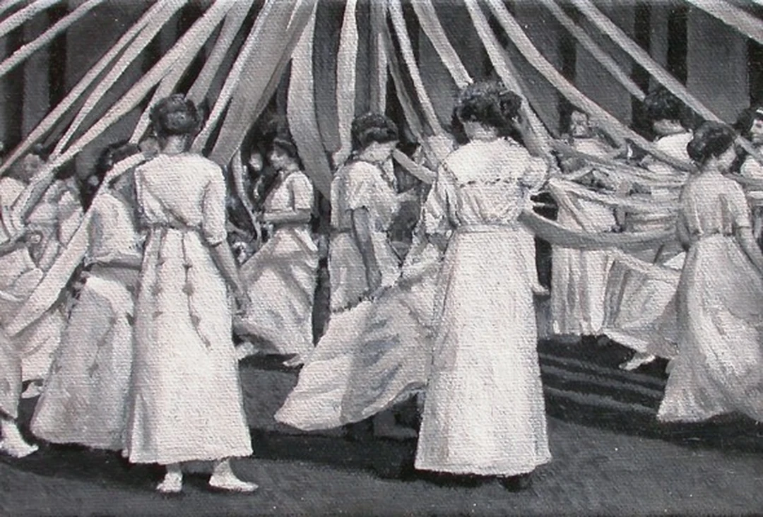 Black-and-white oil painting of women in long white dresses dancing around a maypole, holding its ribbons.