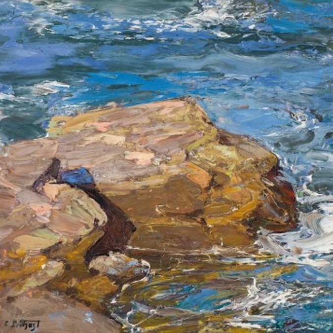 Rocky coastal scene by Edward Henry Potthast, waves breaking on rocks.