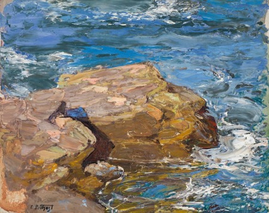 Rocky coastal scene by Edward Henry Potthast, waves breaking on rocks.
