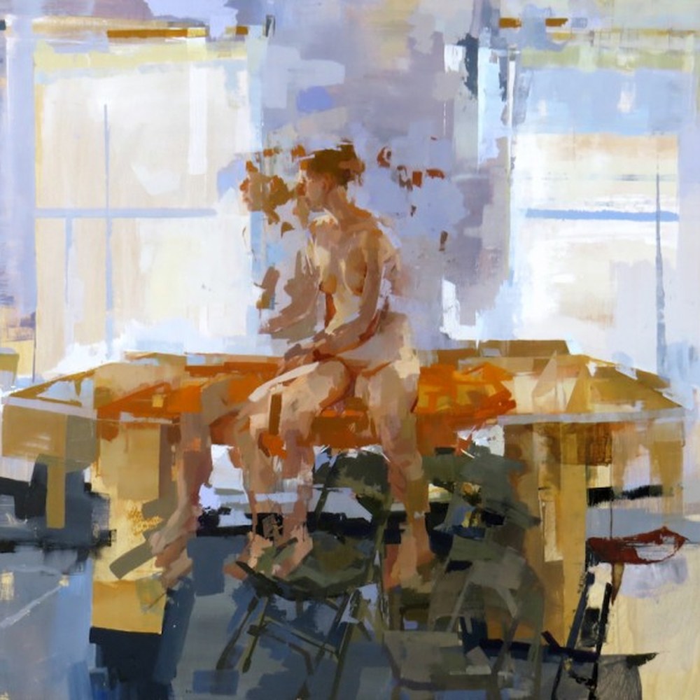 Seated nude figure in warm tones, painting by Linda Anderson.