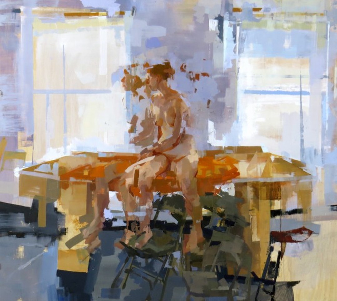 Seated nude figure in warm tones, painting by Linda Anderson.