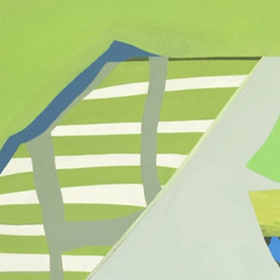 Detail of an abstract painting by Susan Cantrick: green, white and blue geometric shapes