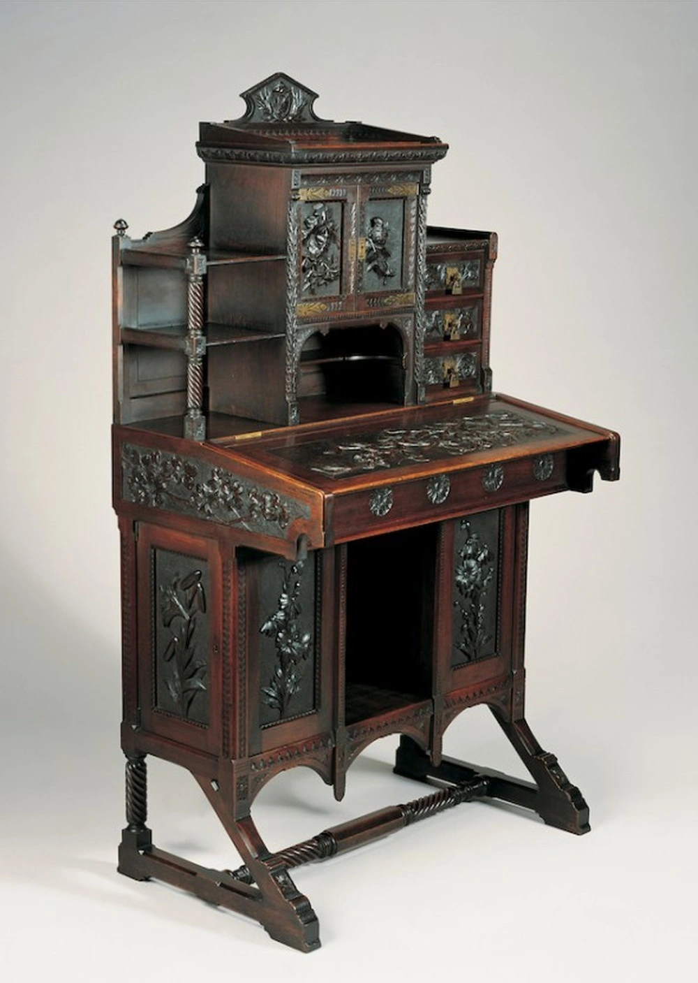 Writing Desk, 1870s, Catherine Peachey (American), American black walnut, mahogany, black cherry, yellow poplar and brass, Gift of Irene Edwards, 1979.4