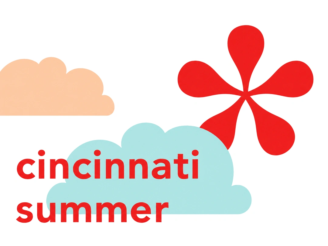 The words ‘cincinnati summer’ in red lowercase letters over a pale blue cloud, with a smaller peach cloud at left and a red five-petaled flower at upper right, on a white background.