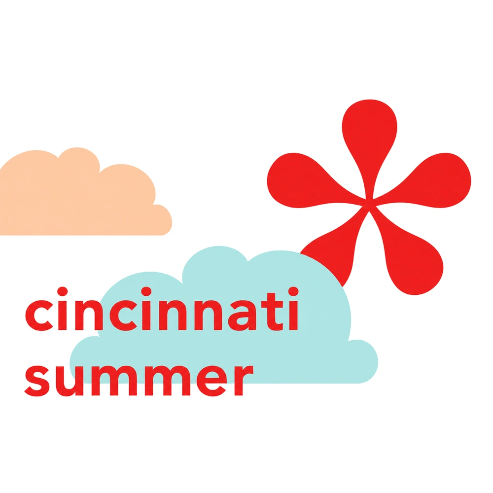 The words ‘cincinnati summer’ in red lowercase letters over a pale blue cloud, with a smaller peach cloud at left and a red five-petaled flower at upper right, on a white background.