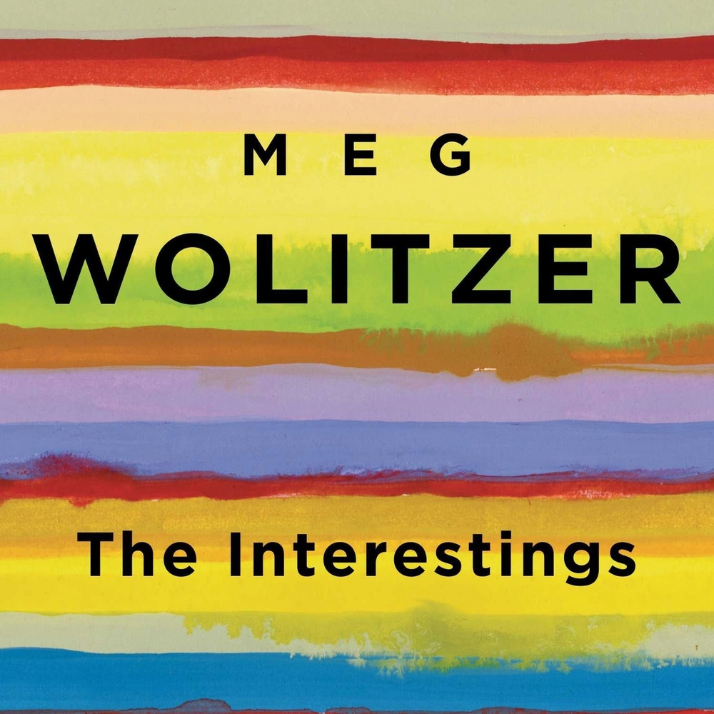 Book cover of The Interestings by Meg Wolitzer: the title and author name over horizontal watercolor stripes in many colors.