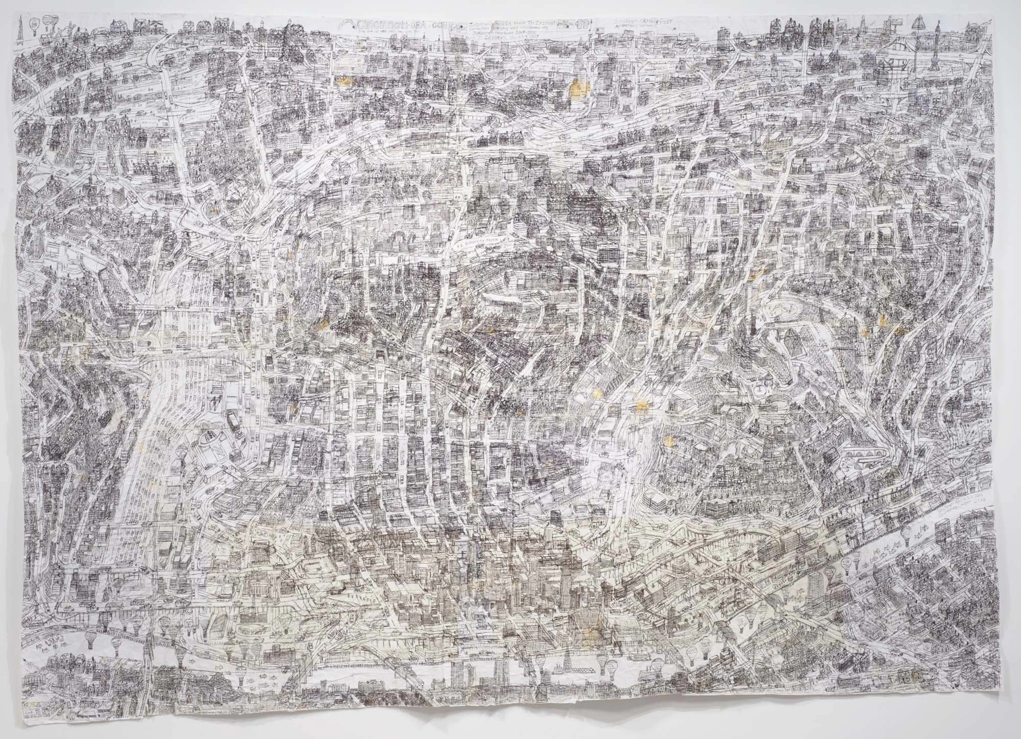 Courttney Cooper, Cincinnati Map (CC10_001), 2010, an aerial-view map of Cincinnati drawn in ballpoint pen on collaged paper.
