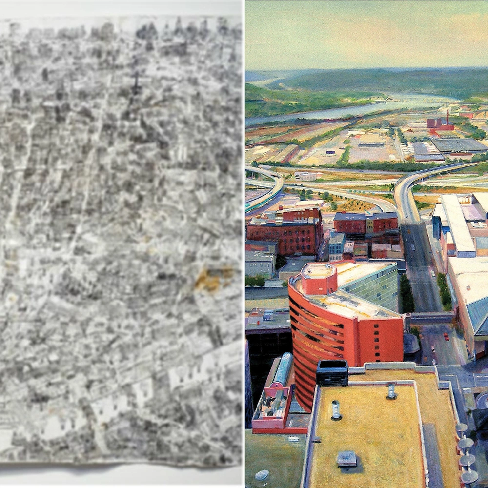 Two works from Cincinnati Everyday side by side: an aerial-view ballpoint pen map of Cincinnati by Courttney Cooper (left) and Cole Carothers painting Juggernaut, an elevated view of downtown Cincinnati (right).