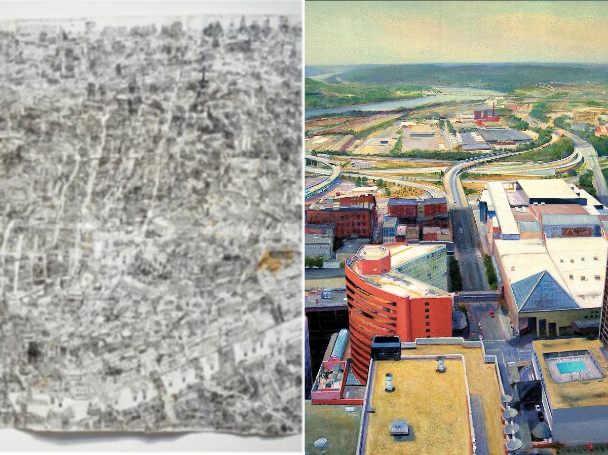 Two works from Cincinnati Everyday side by side: an aerial-view ballpoint pen map of Cincinnati by Courttney Cooper (left) and Cole Carothers painting Juggernaut, an elevated view of downtown Cincinnati (right).