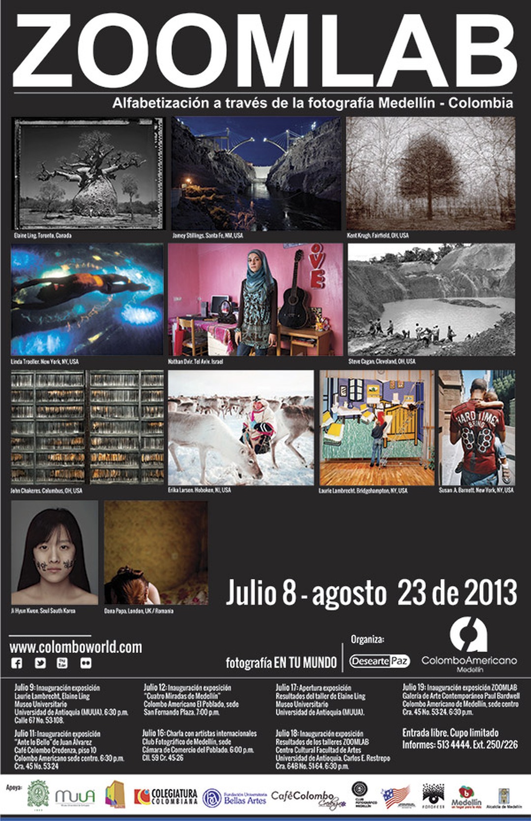 Promotional poster for ZOOMLAB, a photography literacy workshop in Medellín, Colombia: a grid of twelve photographs by different artists under the title 'ZOOMLAB', with exhibition dates July 8 to August 23, 2013.