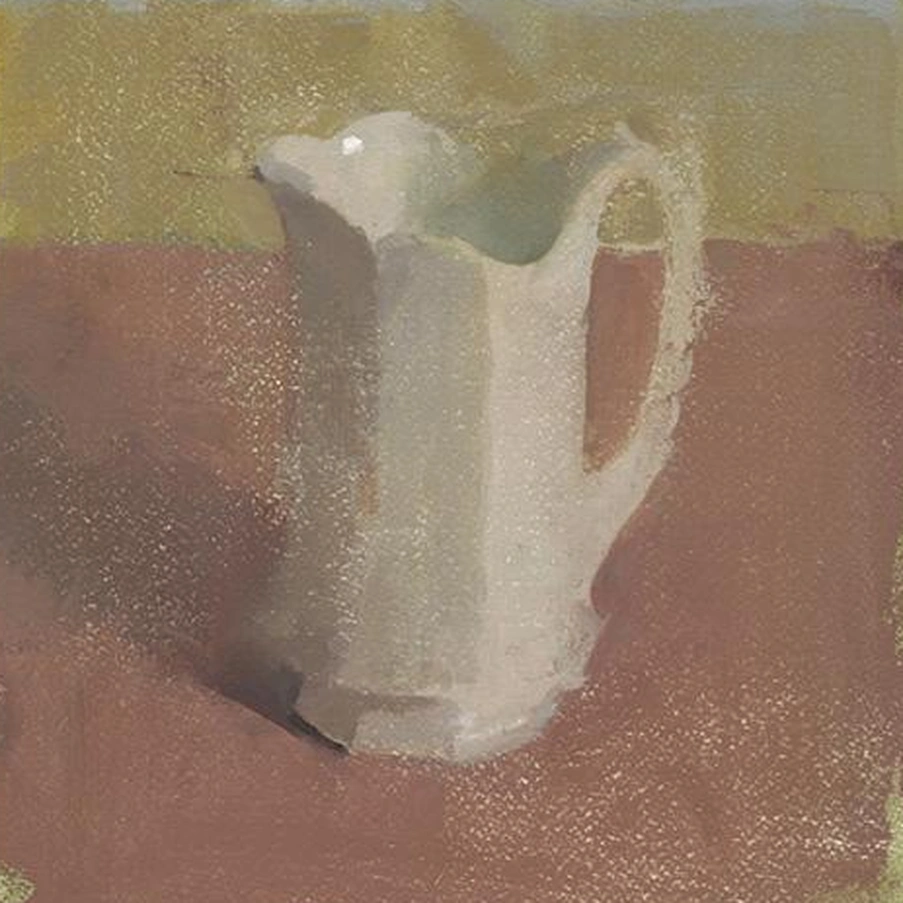 Painting by Nicholas Anthony Mancini of a white faceted pitcher on a table, against bands of muted color.