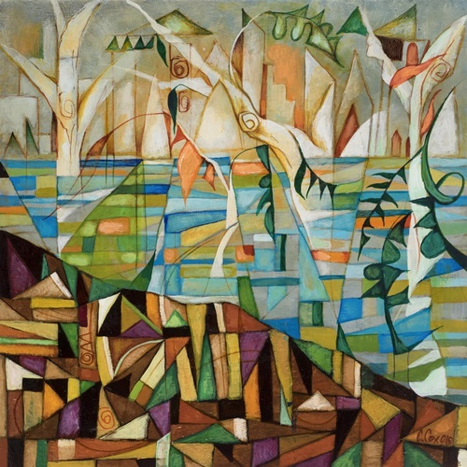Cedric Michael Cox, City by the River No. 2: an abstract cityscape of angular buildings and tree forms above a patchwork river and hillside.