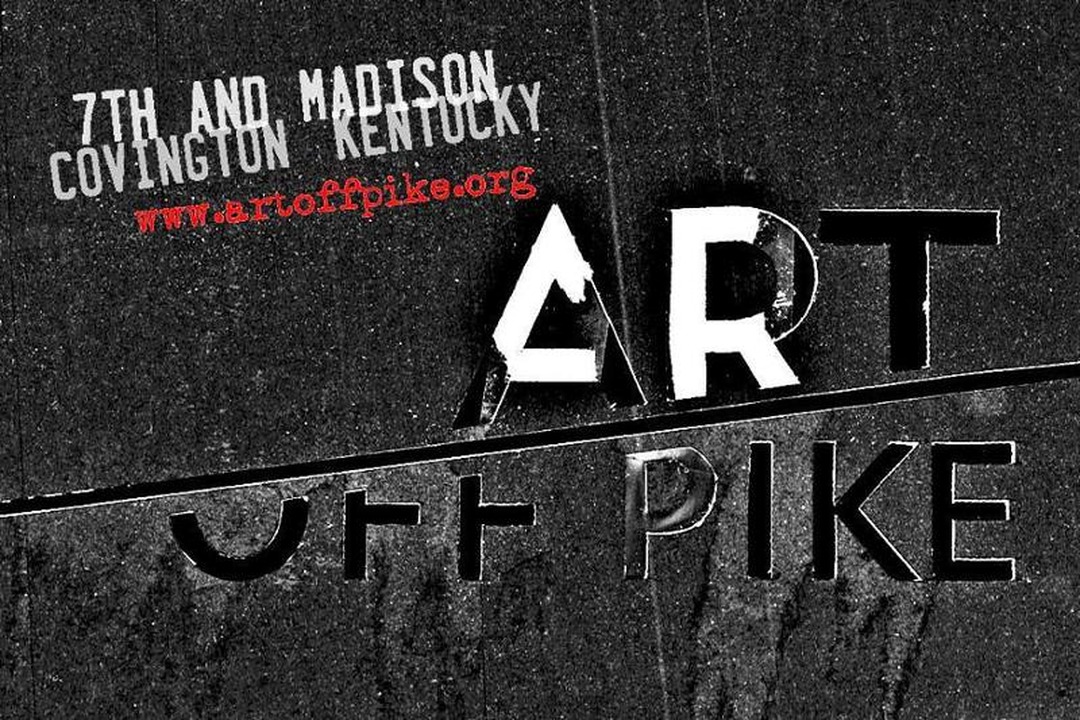 Promotional graphic for Art Off Pike 2013: white stencil lettering reading 'ART OFF PIKE' on a dark textured background, with '7TH AND MADISON / COVINGTON KENTUCKY' and the event website in red at the top left.