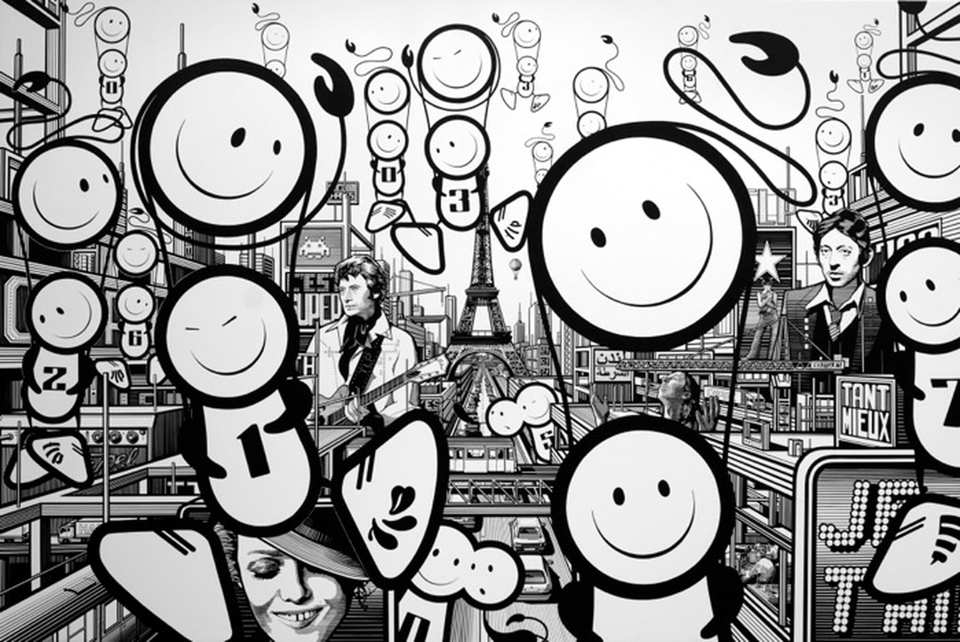 Black-and-white ink drawing by The London Police showing their round LADS smiley-face characters swarming over a detailed cityscape with portraits and architectural elements.
