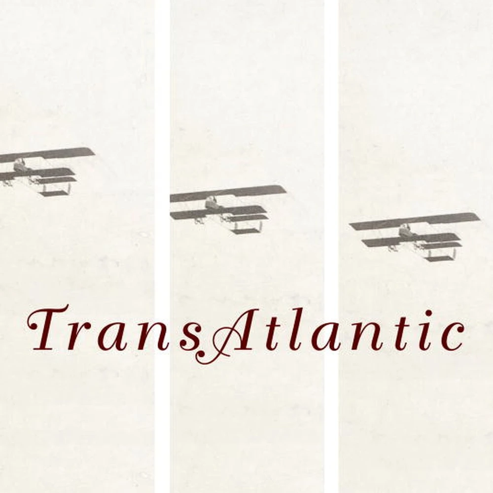 Square detail of the Transatlantic cover: two sepia biplanes in a pale sky above the script title TransAtlantic.