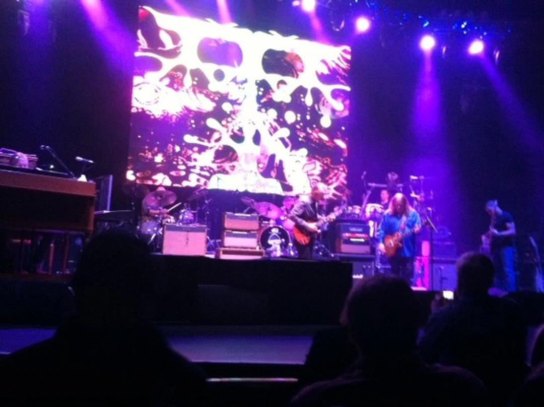 Band performing on a dark stage lit in purple, seen from the audience. Photograph by Cedric Cox.