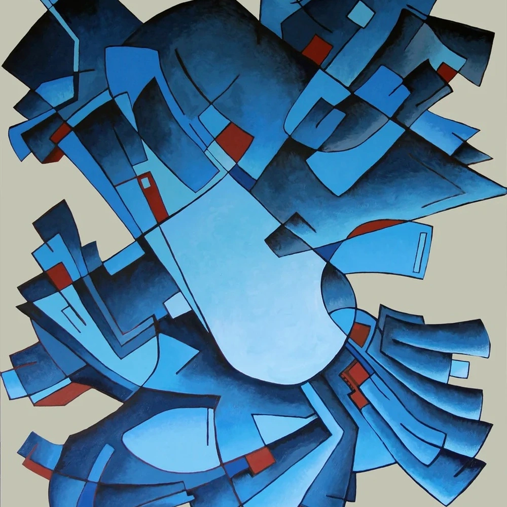 Maxwell Redder, In Flight: an abstract painting of angular blue shapes bursting outward against a pale gray ground.