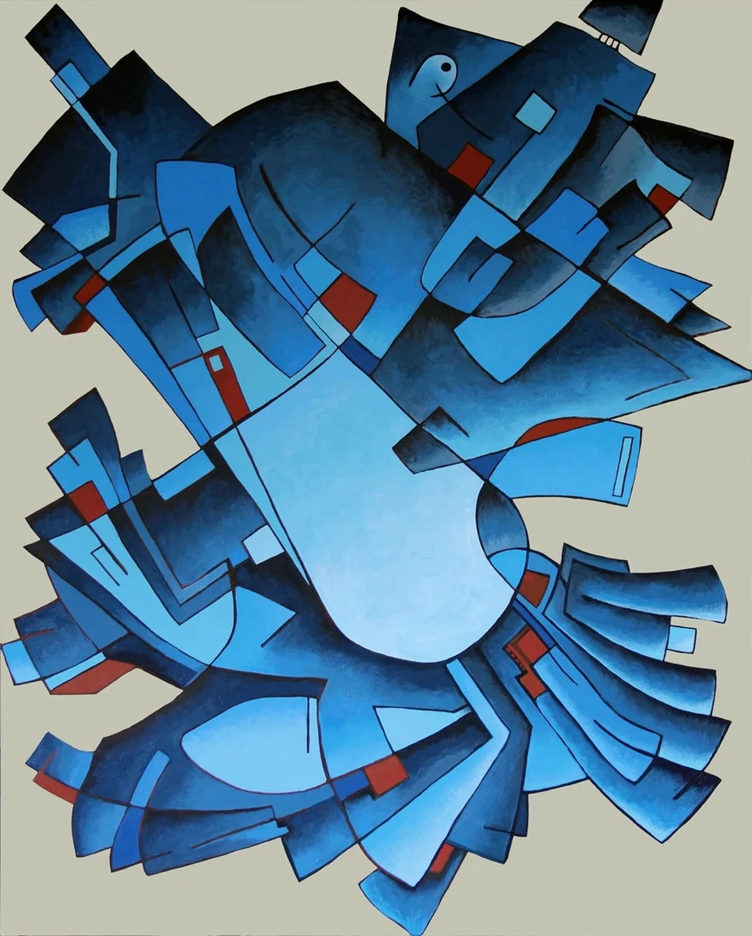 Maxwell Redder, In Flight: an abstract painting of angular blue shapes bursting outward against a pale gray ground.