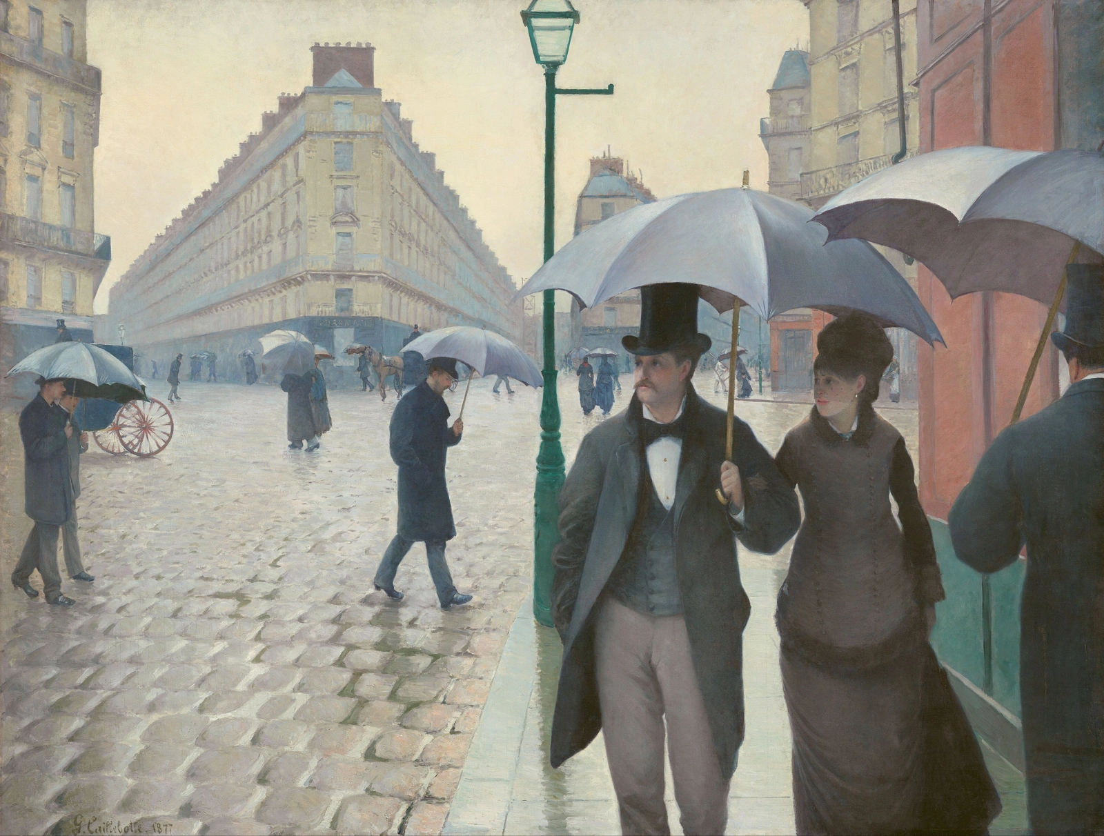 Gustave Caillebotte, Paris Street; Rainy Day: Parisians with umbrellas crossing a wet cobblestone intersection.