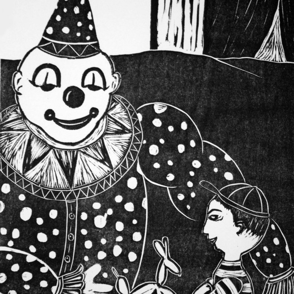 Black and white woodcut print of a smiling clown in a polka-dot costume and pointed hat holding a balloon animal, with a boy in a cap looking up at him.