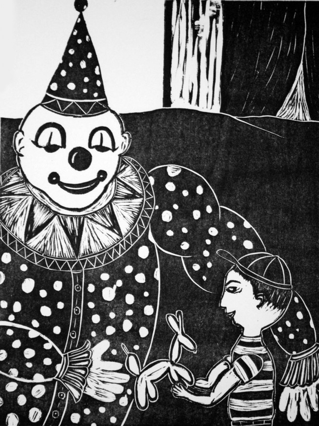 Black and white woodcut print of a smiling clown in a polka-dot costume and pointed hat holding a balloon animal, with a boy in a cap looking up at him.
