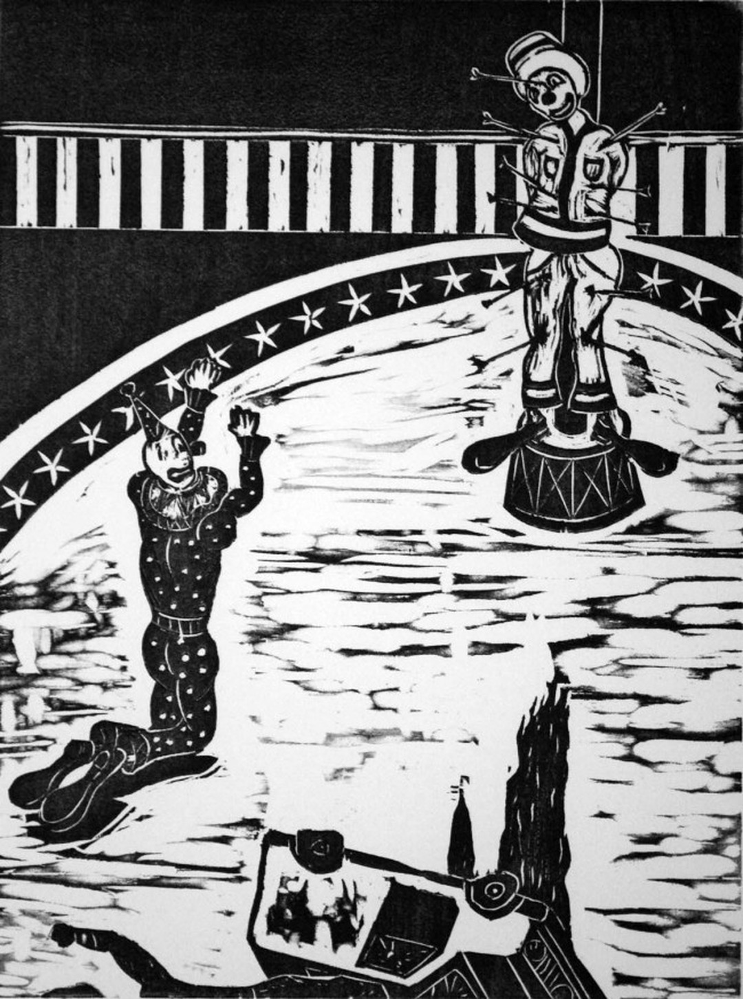Black and white woodcut print of a clown pierced by arrows standing on a drum, with another clown kneeling with raised arms in a circus ring.
