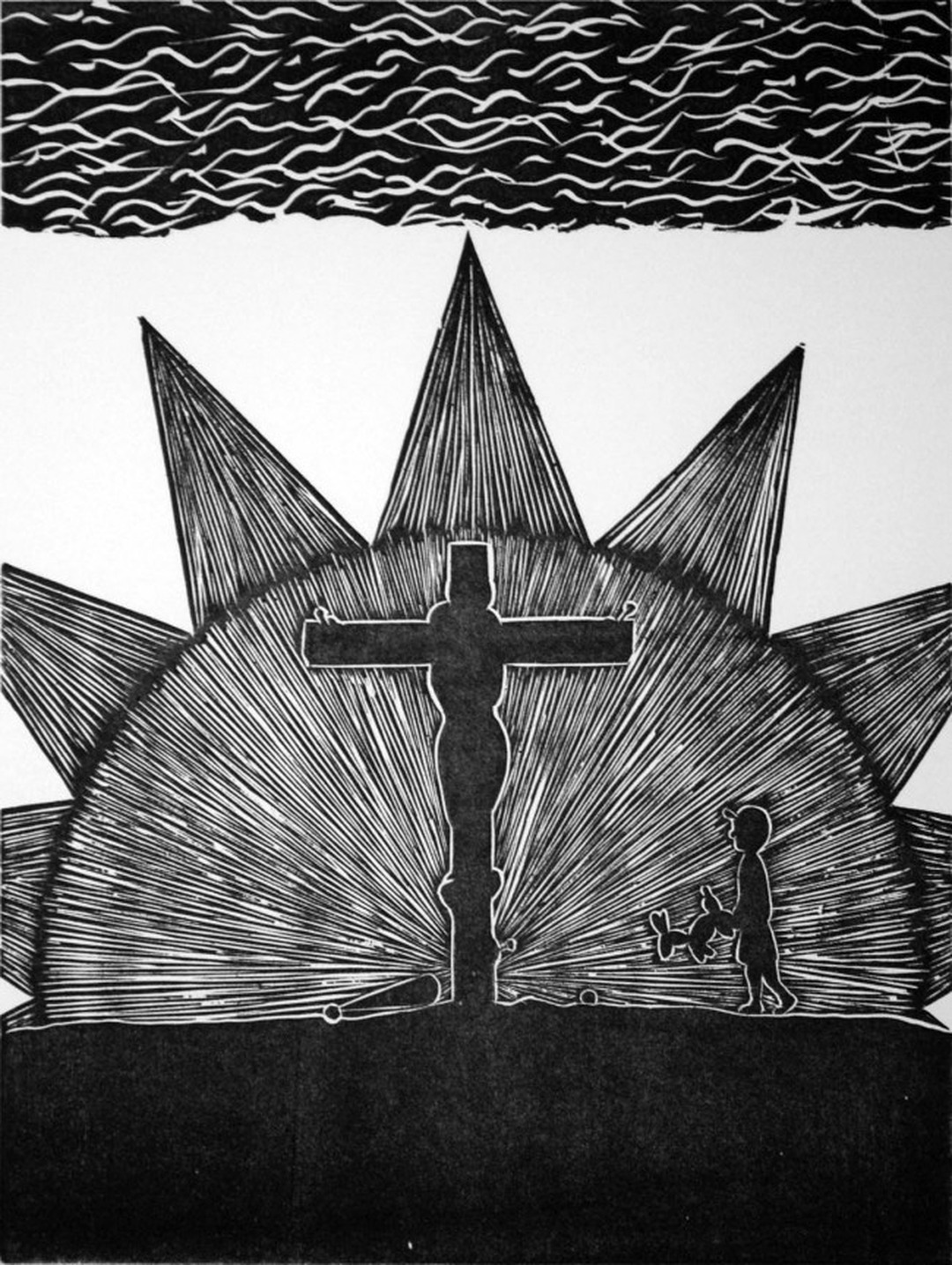 Black and white woodcut print of a crucifixion scene with radiating sunburst lines, a small boy with a balloon animal walking away below.