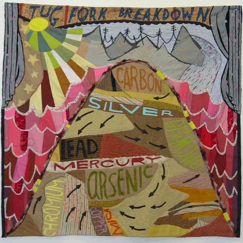 Colorful quilt with stitched words including Tug Fork Breakdown, Carbon, Silver, Lead, Mercury, Arsenic and Chromium.